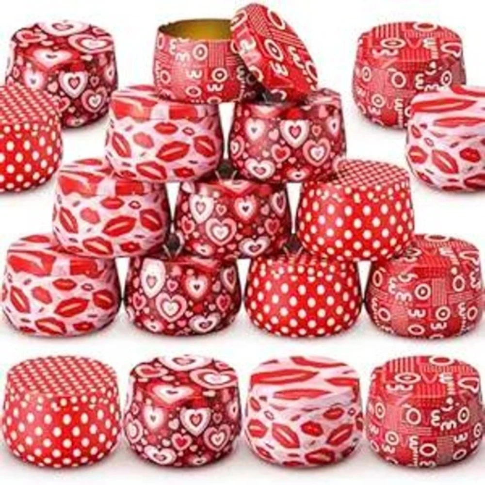 Tandefio Valentine Heart Party Favor‎ Tins 24 Pack Red Pink Love Polka Dot Round